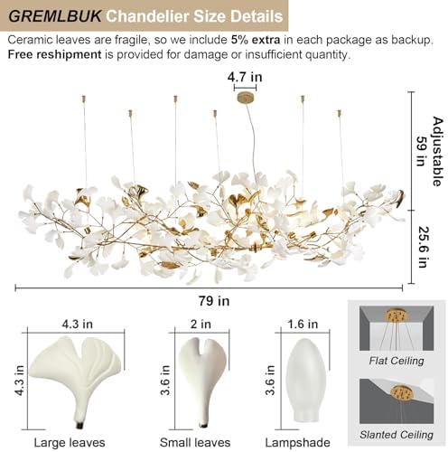 Tree Branch Chandelier, L79 Inch Ginkgo Leaf Chandeliers Brass Chandelier Pendant Light Fixtures for Dining Room Living Room Kitchen Island, 16-Light - Image 2