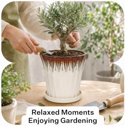 8.3 Inch Ceramic Planters with Drainage Hole and Saucer,Indoor Outdoor Large Flower Pots, Garden Pot for Plant Lovers (Drip White) - Image 5