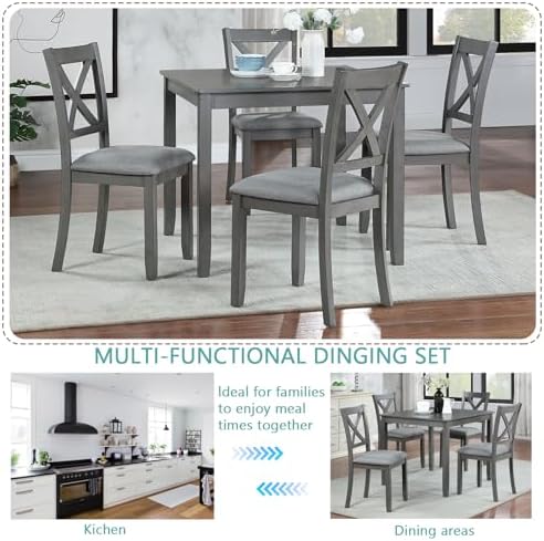 Harper & Bright Designs Modern 5-Piece Wooden Dining Table Set for 4, Grey Square Kitchen Table & 4 Upholstered Seating Chairs, Acacia/Birch Veneer, Space-Saving Design for Dining Room & Small Spaces - Image 7