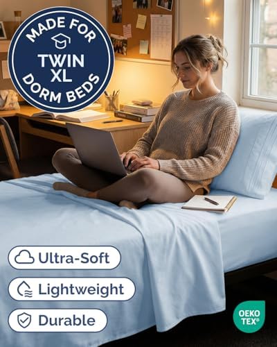 Twin XL 3 Piece Sheet Set - College Dorm Room Essentials - Sky Blue - Image 2