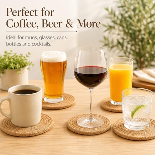 ABenkle Woven Coasters for Drinks Set of 6, Boho Absorbent Drinking Coaster, 4.3 Inch - Perfect Housewarming Gift, Home Decor, Bar Essentials for Coffee Table - Image 4