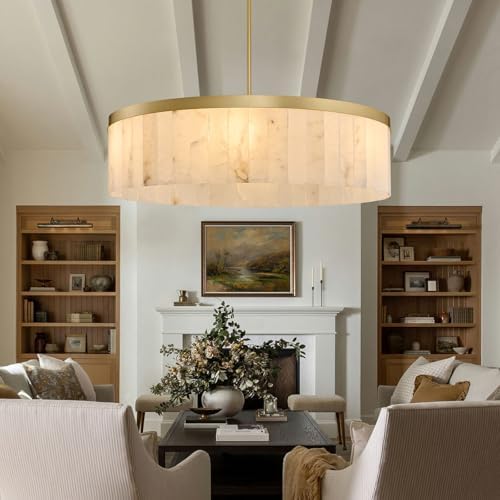42" Round Alabaster Chandelier, Modern Gold Marble Light Fixture - Image 2