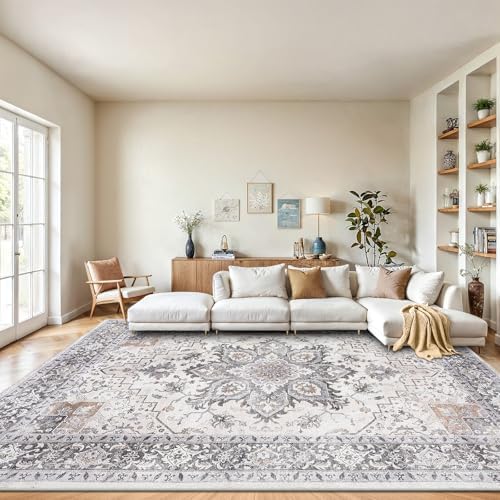 Amada Large 9x12 Washable Area Rug for Living Room, Taupe, Boho Vintage by AMADAHOMEFURNISHING