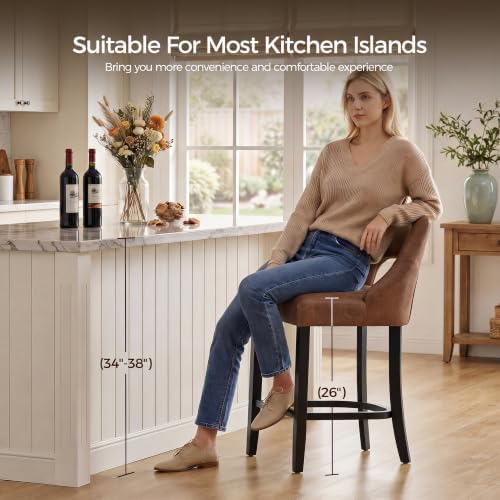UVV Bar Stools Set of 4, Modern Upholstered Counter Height Bar Stools, Faux Leather Counter Stools BarStools with Wood Legs for Kitchen Island Dining Room Bar, Brown - Image 6
