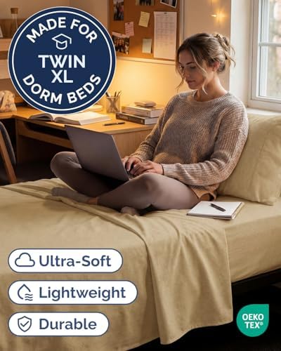 Twin XL 3 Piece Sheet Set - College Dorm Room Essentials - Heathered Tan - Image 2