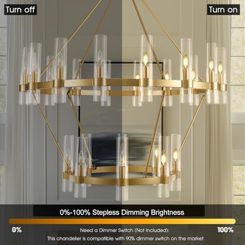 Gold Wagon Wheel Chandelier 2 Tier, 60 Inch Chandeliers with Glass Shade, 30-Light Large Chandelier for High Ceiling, Modern Farmhouse Chandeliers for Living Room, Dining Room, Entryway and Staircase - Image 6