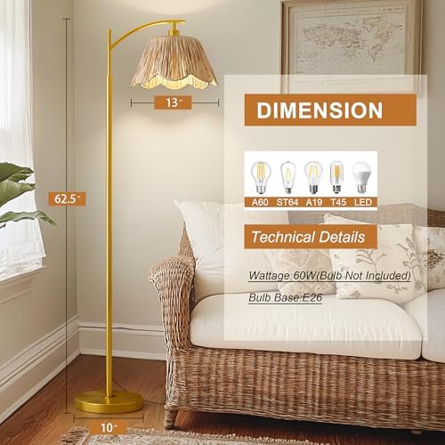 Oneach Arc Floor Lamp for Living Room,Rattan Boho Floor Lamp Decor with Hand-Woven Shade, Foot Switch,Gold Metal Base & Pole,Farmhouse Standing Lamp for Bedroom Corner,Reading - Image 4