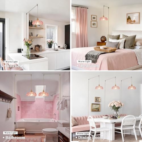 Shenmoyl Plug in Pendant Light Hanging Light Fixtures with Plugin Cord On/Off Switch,Pink Scindapsus Glass Lampshade Brass Pendant Light - Image 2