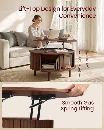 VASAGLE Round Coffee Table, Lift Top Coffee Table with Tambour Sliding Door - Image 4
