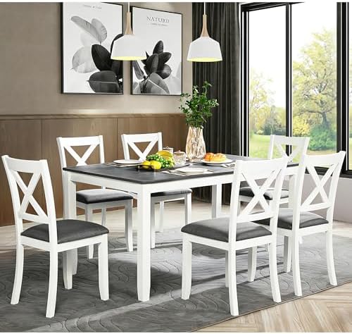 Harper & Bright Designs Modern 7-Piece Dining Set,58.5" Solid Wood Table & 6 Padded X-Back Style Chairs, Grey & White Two-Toned for Kitchen/Dining Room, 6-Person Seating by HarperBrightDesigns