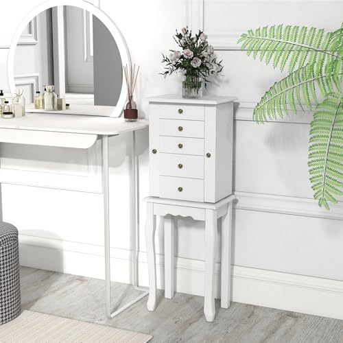 Giantex Standing Jewelry Armoire Cabinet with 4 Drawers, Flip Top Mirror, Top Storage Compartments, 2 Side Doors with 8 Necklace Hooks, Freestanding Jewelry Organizer Box Chest (White) - Image 2