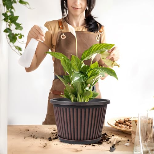 Myfeegoin Planter-Pots-for-Plants-Indoor-Outdoor, 4 Pack 10 Inch Plastic Flower Pots with Saucer & Drainage Holes, Modern Garden Planters for Planting Medium Large Plants，Decorative Resin Garden Pots - Image 2