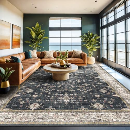 Black Boho Rug for Living Room 9x12 - Washable Dining Room Rugs for Under Table, Vintage Soft Low Pile Carpet for Bedroom, Non-Slip Farmhouse Bohemian Large Tumble Rug for High Traffic Area by HazoHaus