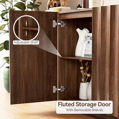 Modern Buffet Cabinet with Storage, 47.2" Tall Fluted Arched Sideboard Cabinet w/Adjustable Shelves, Wooden Modular Coffee Bar for Dining Room, Kitchen, Living Room, Entryway, Brown - Image 3