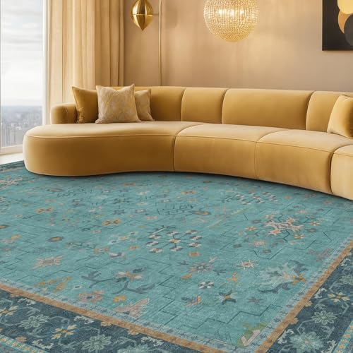 Washable 10x14 Teal Boho Living Room Rug - Geometric Floral Design Area Rug for Dining Room, Non Slip Soft Carpet for Large Bedroom, Low Pile & Stain Resistant Mats by HazoHaus