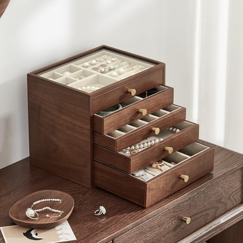 CHOSIN Black Walnut Wooden Jewelry Box Women large 5 Level Drawer Organizer Box with Glass Lid for Necklaces Watch Necklace Ring Earring Storage, Ideal Gift for Her - Image 2