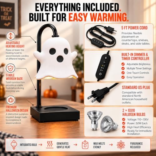 Ghost Candle Warmer Lamp with Timer, Dimmable Cute White Halloween Decor - Image 3