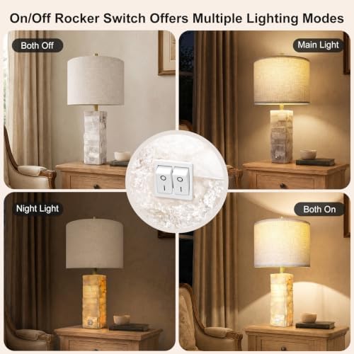 Scenekoy Alabaster Table Lamps with Night Light, Bedside Lamp with USB A+C - Image 3