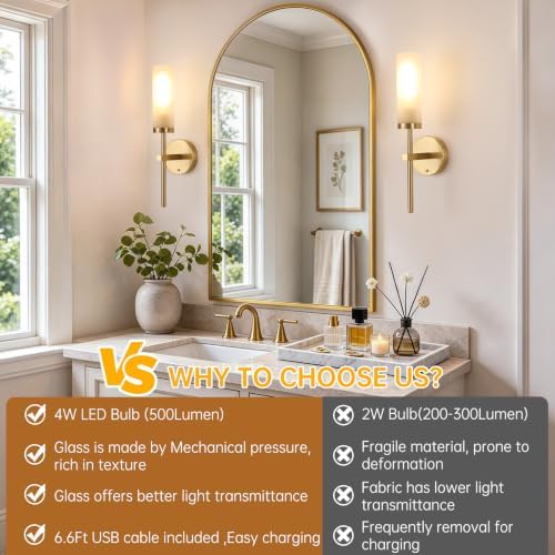 Shenmoyl Battery Operated Wall Sconces Set of 2, Gold Rechargeable Wall Lighting Fixtures, Dimmable Wall Lights with Remote & Opal Glass Shade for Living Room, Bathroom,Bedroom - Image 4