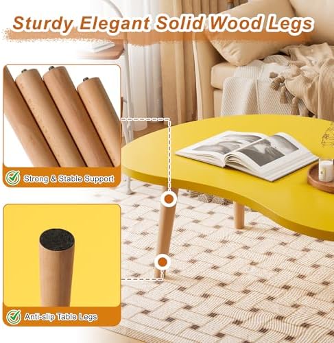 Coffee Table Low Table with Solid Wood Legs, 31.5x19.7" Large Coffee Table Side Table, Floor Table Desk for Sitting on The Floor, Living Room Furniture for Office Apartment Home, Mango Yellow - Image 4