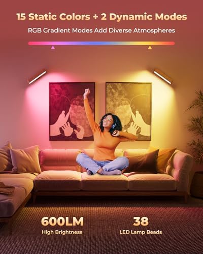 Rechargeable Wall Sconces Set of Two, Walnut Wood Battery Operated Wall Sconce, Magnetic Wall Lights for Bedroom with Remote & Touch Control, 15 RGB, 360° Rotatable Dimmable LED Wall Lamp 3 Color - Image 2