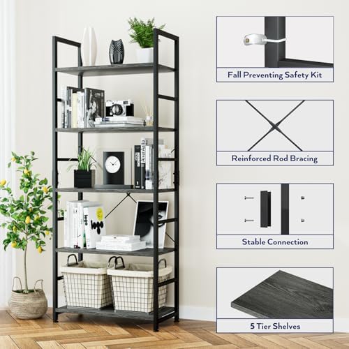 NUMENN 5 Tier Bookshelf, Tall Freestanding Open Storage Bookcase, Dark Grey - Image 5