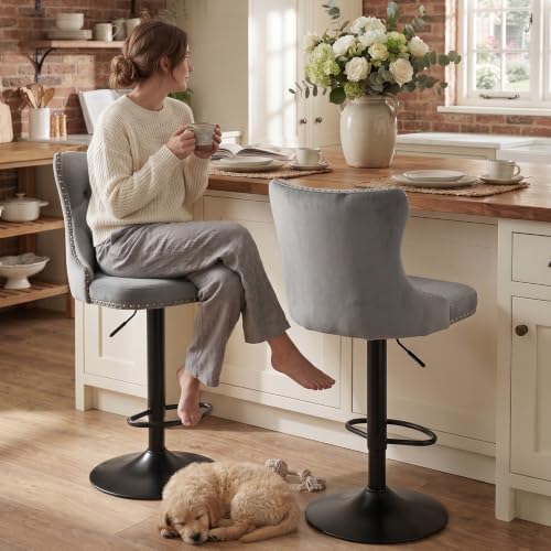 SoarFlash Velvet Bar Stool Set of 2, Adjustable Swivel Bar Stools with Black Metal Leg, Button Tufted, Footrest, Chrome Nailhead, Counter Height Chair for Kitchen, Bar, Dining Room (Grey) - Image 3