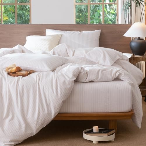 MooMee Striped Duvet Cover Set 100% Washed Cotton Linen Like Oversized King - Image 6