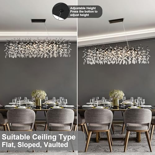 YUYI 47" Black Crystal Chandelier, 14-Light Modern Tree Branch Chandeliers for Dining Room, Luxury Rectangular Chandelier for Kitchen Island, Living Room, Foyer, K9 Crystal Raindrop Light Fixture - Image 6