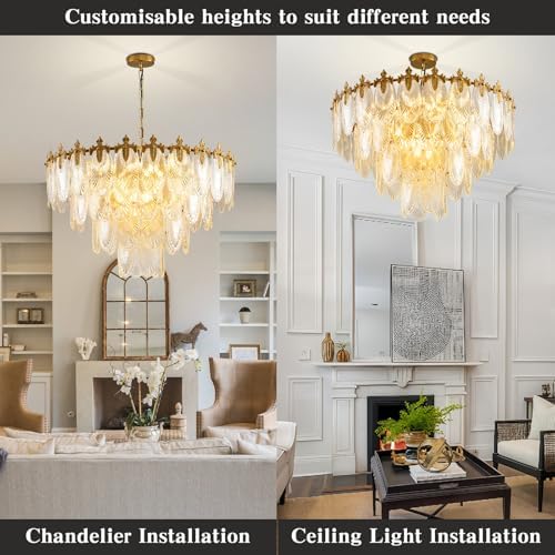 KELUOLY Modern Large Crystal Chandelier, 4-Layer Gold Glass Chandelier, 12 Light Round Antique Ceiling Pendant Light, 31.5 Inchs Adjustable Height for Foyer, Living Room, Bedroom, Dining Room - Image 6