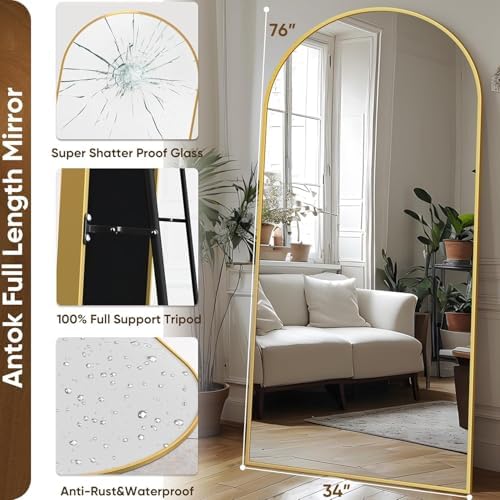 Antok 71" x32” Arched Full Length Mirror with Stand, Floor Mirror, Gold - Image 5