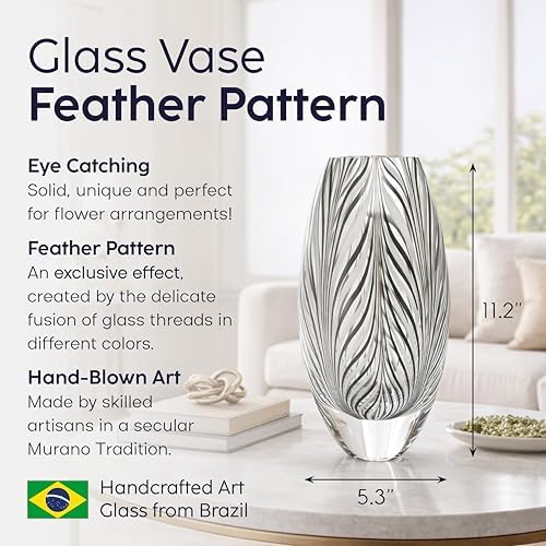 Murano Style Glass Vase Hand Blown Black and White Feather Pattern Effect - Image 2