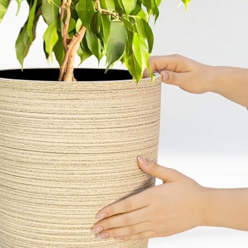 ZMTECH 2-Pack Large Tall Planters with Saucer - 6.8 Gallons /12x21 Inch Faux Stone Finish Round Flower Pots for Indoor Plants, Outdoor Patio & Porch Decor, Unbreakable Plant Containers Beige - Image 6
