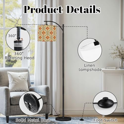 Arc Floor Lamp Geometric Floral Tile Bold Orange Teal Blue Colors Dimmable Modern Standing Lamp with Remote Adjustable Drum Shade Footswitch Tall Pole Lamp for Living Room Bedroom - Image 6