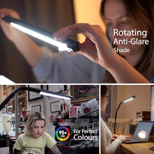 Electra Table Lamp: 3 Color Temperatures (Daylight 6000K/Cool 4000K/Warm 2700K), 95+ CRI LED, Dimmer Switch, Flexible Arm, Desk Lamp for Artists, Crafts & Office (Black, 2500 Lux at 12") - Image 3