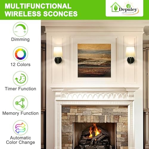 Depuley Wall Sconces Battery Operated: Set of 2 Wireless Wall Lights with Remote for Bedroom - Rechargeable 15 Colors Black Wall Lamp for Living Room Hallway Home Decor - Image 2