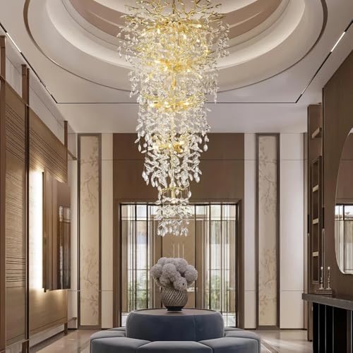 118'' Long Chandelier for High Ceiling, 28-Light Luxury Gold Tree Branch Crystal Chandelier, Large Chandeliers for High Ceilings Staircase Foyer Entryway, 5-Tier Modern K9 Crystal Raindrop Fixture - Image 2