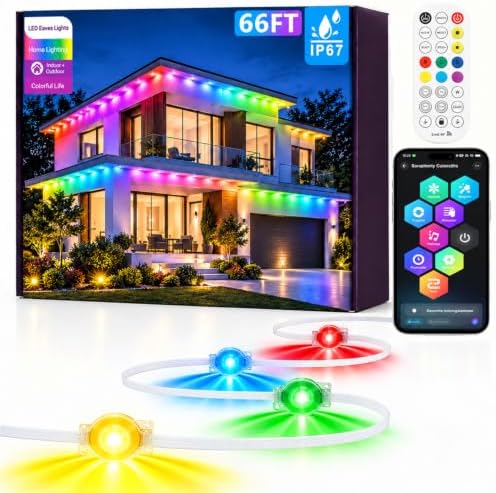 66Ft Permanent Outdoor Lights, RGB+IC Smart LED Eave Lighting with App/Remote Control,IP67 Waterproof,16 Million Colors,Scene Modes, DIY Music Sync, for Christmas, Holiday & Party Decor by Sxlofty