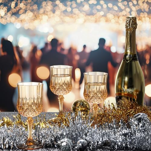 XUWAIDSGN 24Pcs 7oz Plastic Vintage Wine Glasses Drinking Glasses Unbreakable Wedding Glassware Crystal Water Goblets Reusable Drinkware Vintage Champagne Flutes (24, Amber) - Image 4