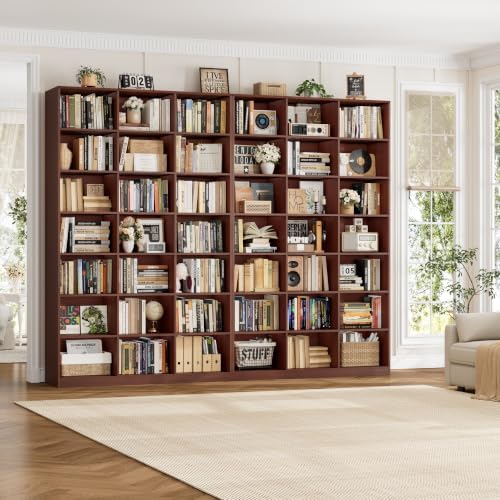 HOSTACK 86"H Triple Wide Bookshelf and Bookcase, Large Book Shelves, Cherry - Image 6