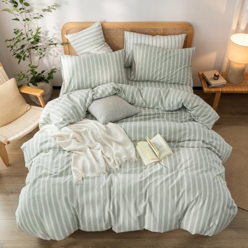 BESTOUCH Striped Cotton Duvet Cover Set Linen Feel Oversized Full - Image 3