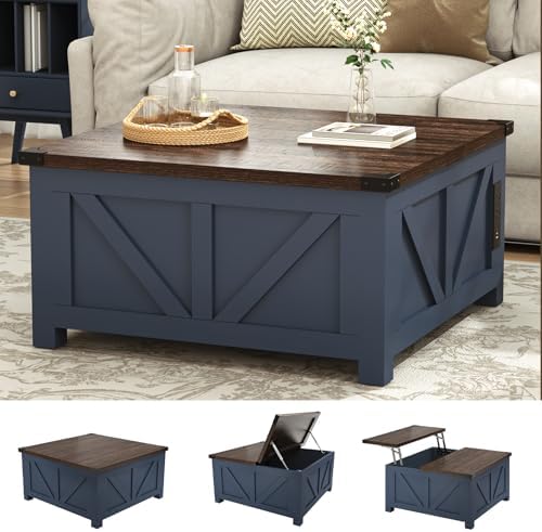 jimeimen Farmhouse Lift Top Coffee Table with Storage, Wood Square Center Table with Charging Station&USB Port, Living Room Table w/Large Hidden Space, for Living Room, Bedroom, Home Office, Blue - Image 5