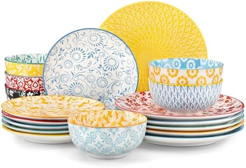 vancasso SELENE Plates and Bowls Set for 6, 18 Pieces Dinnerware Sets, Mircowave and Dishwasher Safe Dishes Set, Porcelain Pastel Dinnerware by vancasso