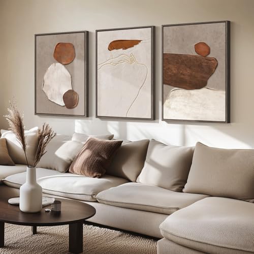 Large Framed Neutral Abstract Wall Art, Set of 3, Beige Brown, 24x36 In - Image 2