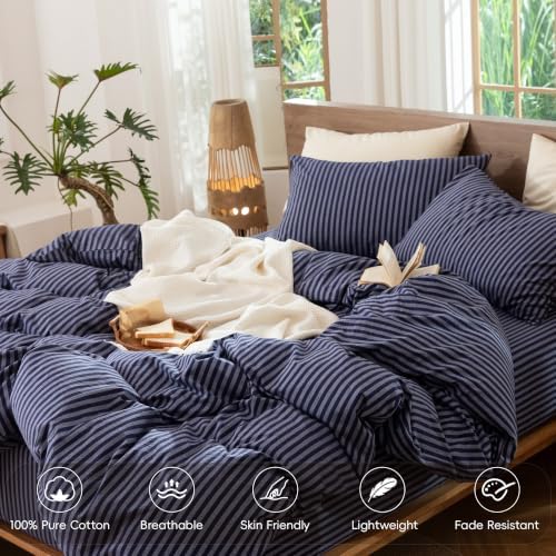 MooMee Striped Duvet Cover Set 100% Washed Cotton Linen Like Queen - Image 3