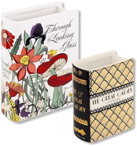 Steel Mill & Co Book-Shaped, Ceramic, Decorative Vase, Small - The Great Gatsby Bundle with Book-Shaped Decorative Vase, Large - Through the Looking Glass by SteelMillCo