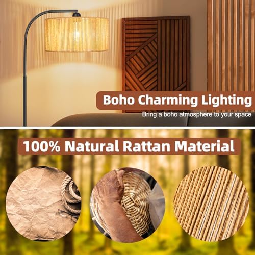 Boho Standing Lamp with Dimmable Bulb Nartual Rattan Adjustable Lampshade - Image 6