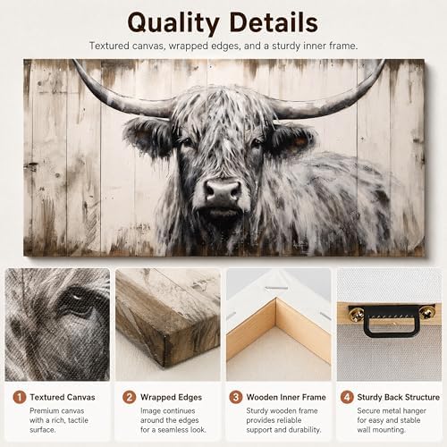 Large Highland Cow Canvas Wall Art, Black and White Cow Picture, 24x48 Inch - Image 5