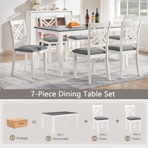 Harper & Bright Designs 58.5" Lx34.5 W Solid Wood 7-Piece Dining Table Set for 6, Grey White Two-Tone Kitchen Dining Room Set with 6 Upholstered Chairs, Rubber Wood Frame, 330LBS Capacity - Image 6
