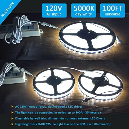 120V Dimmable LED Strip Light 5000K Day White, Dimming by Wall Dimmer, No Need LED Driver, Waterproof IP65, 16.4FT Flexible Under Cabinet Cove Accent Light - Image 2